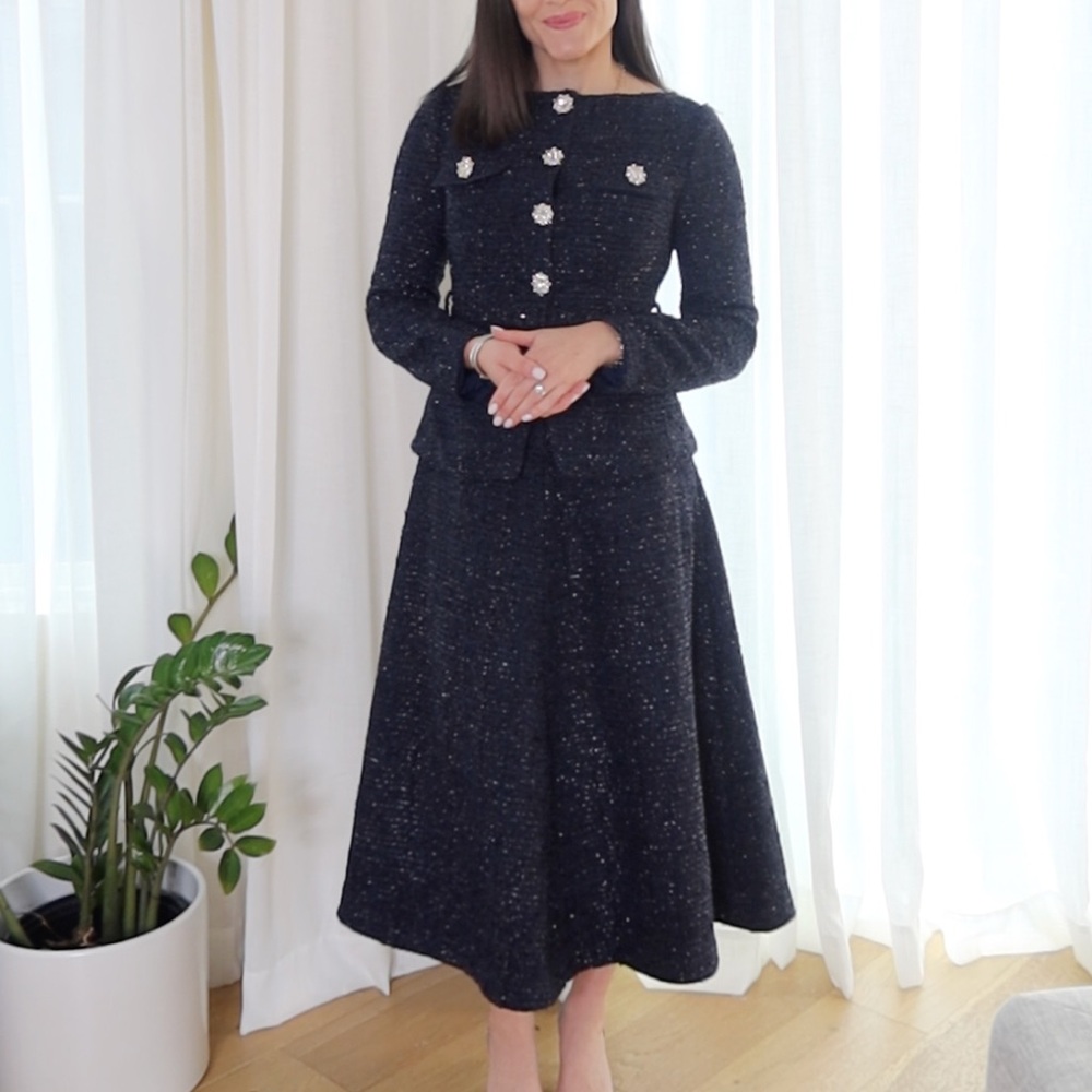 Self-Portrait Navy Metallic Boucle Midi Dress